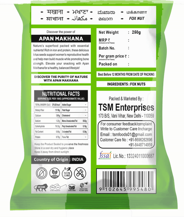 Apan Makhana 250g pack, nutritional information panel
